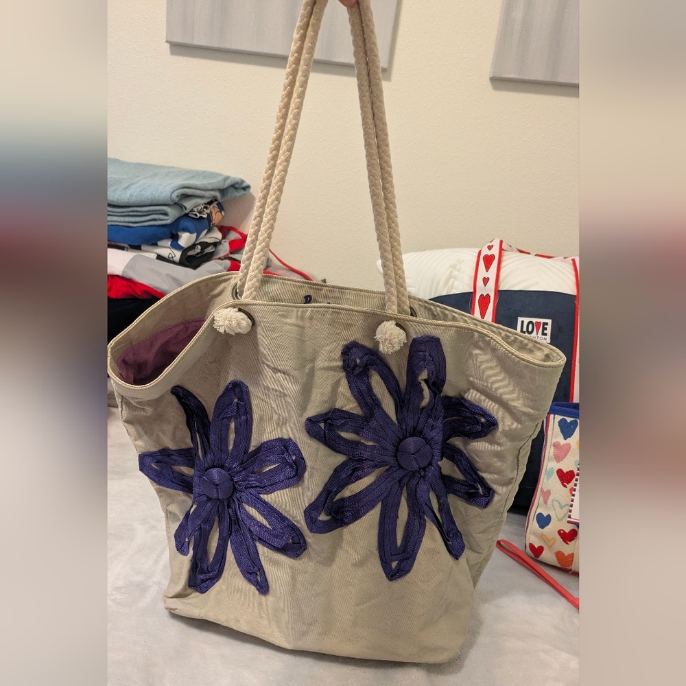 Anthropology Boden Floral Embellished Beige and Purple Tote Bag